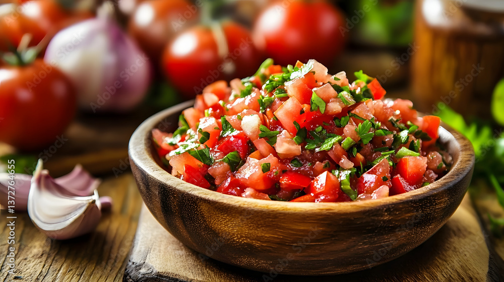 Authentic Salsa with Fresh Tomatoes and Herbs Served in a Wooden Bowl Authentic Salsa with Fresh Tomatoes and Herbs Served in a Wooden Bowl
