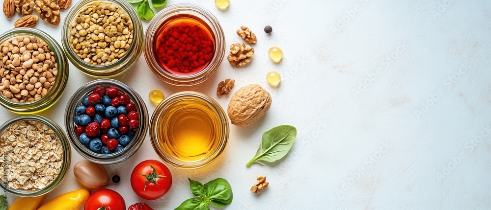 Assortment of Healthy Ingredients in Jars with Walnuts and Fresh Vegetables on a Bright Background for Food Bloggers and Nutritionists Assortment of Healthy Ingredients in Jars with Walnuts and Fresh Vegetables on a Bright Background for Food Bloggers and Nutritionists