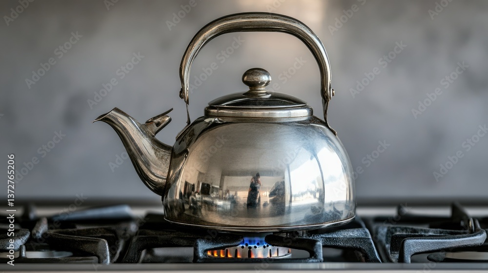 A close-up of a chrome kettle reflecting a warm ambient light, positioned on a stove with a gray background. A close-up of a chrome kettle reflecting a warm ambient light, positioned on a stove with a gray background.
