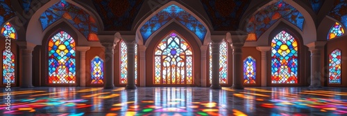 Interior view of a church with stained glass windows and