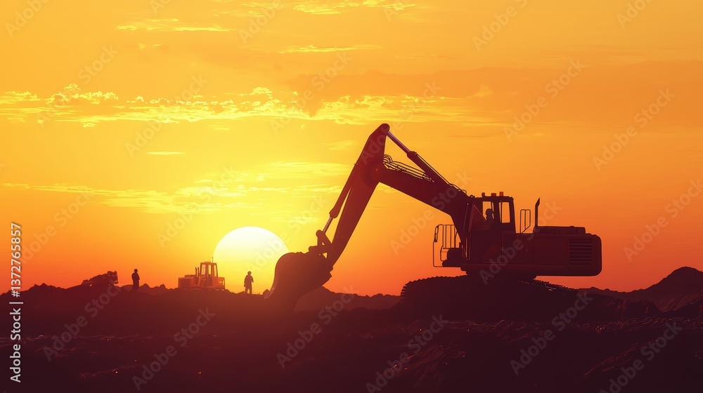 Silhouetted Backhoe Against a Warm Golden Sunset with Workers in the Background Creating a Tranquil and Inspiring Construction Scene Silhouetted Backhoe Against a Warm Golden Sunset with Workers in the Background Creating a Tranquil and Inspiring Construction Scene