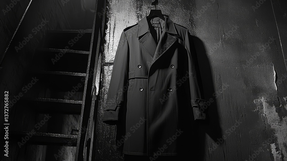 Naklejka premium A coat hangs in a dark stairwell in black and