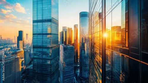 Distant view, overhead shot, cool colors, futuristic city skyline, tall buildings with glass facades, early morning sunlight reflection 