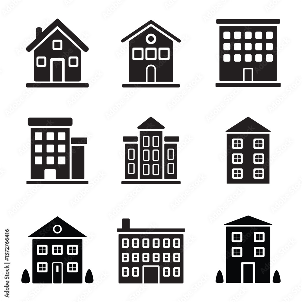 Black Silhouette Building and House Icons Set Black Silhouette Building and House Icons Set
