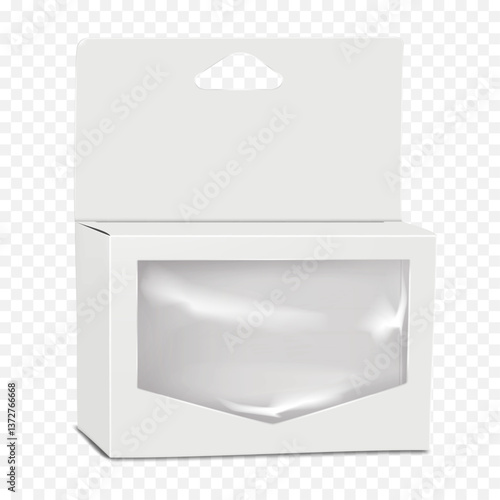 Paperboard box with clear plastic window, tuck-in flap lid, triangle hole header hang tab. Realistic 3d vector mock-up. White blank transparent front hanging carton. Mockup. Template for design