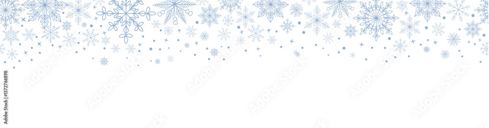 Abstract Christmas background with blue and silver snowflakes border and copy space for text. Winter snow. Overlay, banner, cover. Realistic vector illustration isolated