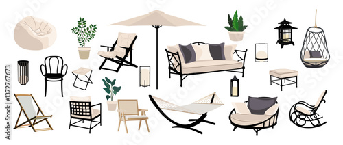 Patio furniture Set. Outdoor, porch zone, garden furniture with potted plants illustrations. Realistic vector cozy garden yard interior elements, lounger, armchairs, tables, sofas, umbrellas, lanterns