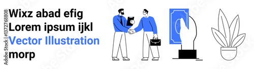 Two professionals shaking hands in partnership, digital payment concept with a hand holding a smart card, indoor plant in a pot for workspace d cor. Ideal for business, fintech, teamwork