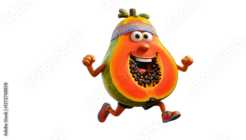 a Cartoon papaya with sweatband around its forehead running a marathon in the white transparent background, PNG Format.