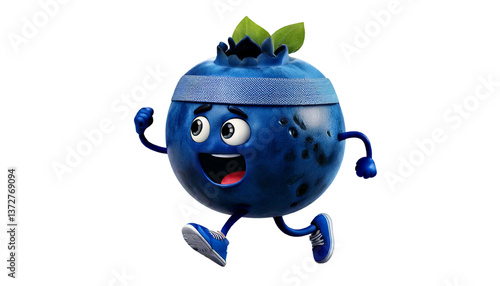 a Cartoon blueberry with sweatband around its forehead running a marathon in the white transparent background, PNG Format.