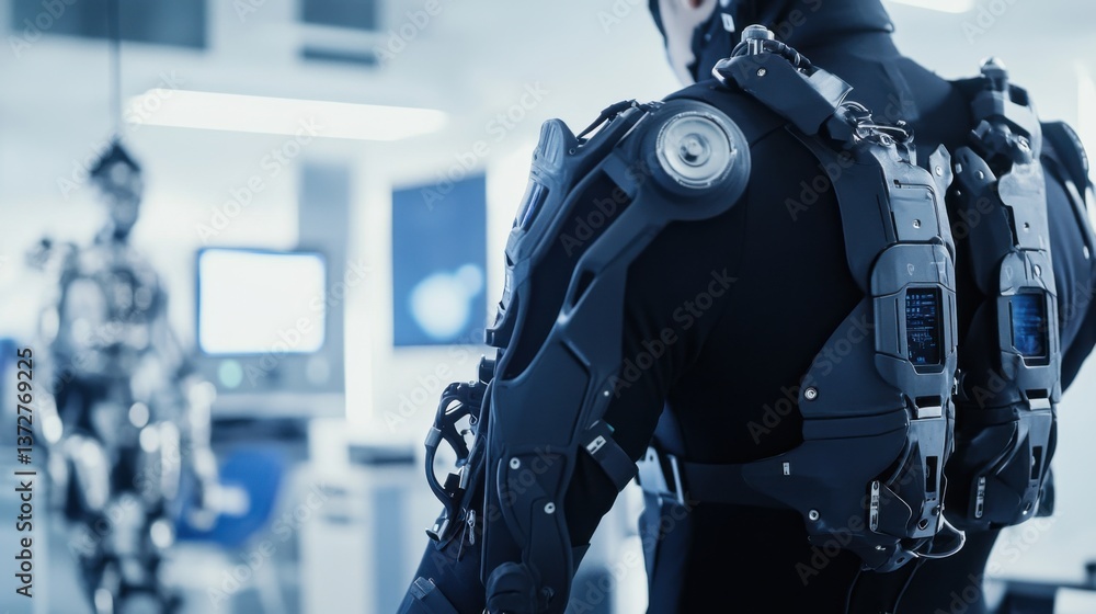 Fototapeta premium A scientist testing advanced exoskeleton suits for enhanced mobility, spacious biomechanics research lab with futuristic gear, High-tech style