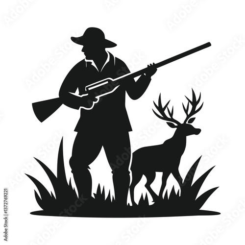 Black silhouette hunter with rifle and shotgun weapon vector