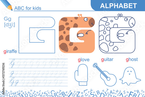 Letter G. Alphabet. Fun ABC for kids. Learning English. Giraffe. Writing practice and coloring task page. Worksheet for school or home. Sketch vector illustration