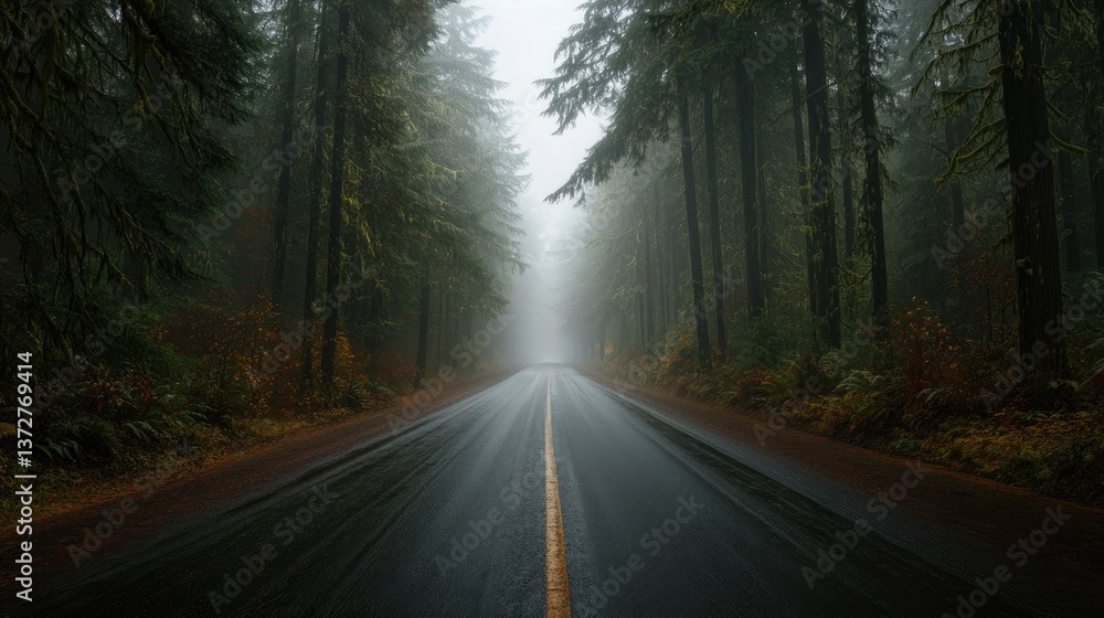 Fototapeta premium A foggy road surrounded by dark green fir trees, creating a mysterious atmosphere.