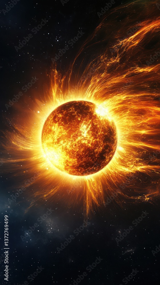 A bright and energetic illustration of a celestial fiery sun A bright and energetic illustration of a celestial fiery sun