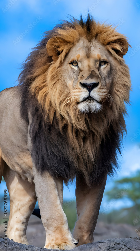 Obraz premium A majestic African lion, king of the savanna, surveys his domain under a vibrant blue sky with a blurred background.