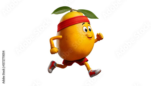 a Cartoon mango with sweatband around its forehead running a marathon in the white transparent background, PNG Format.