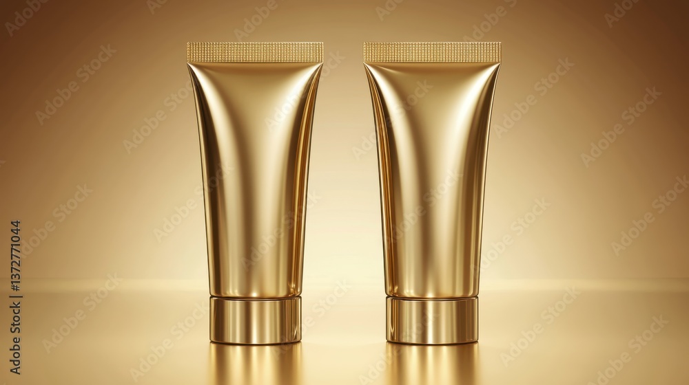Luxurious gold cosmetic tubes displayed together highlighting high-end skincare and beauty products in elegant setting Luxurious gold cosmetic tubes displayed together highlighting high-end skincare and beauty products in elegant setting