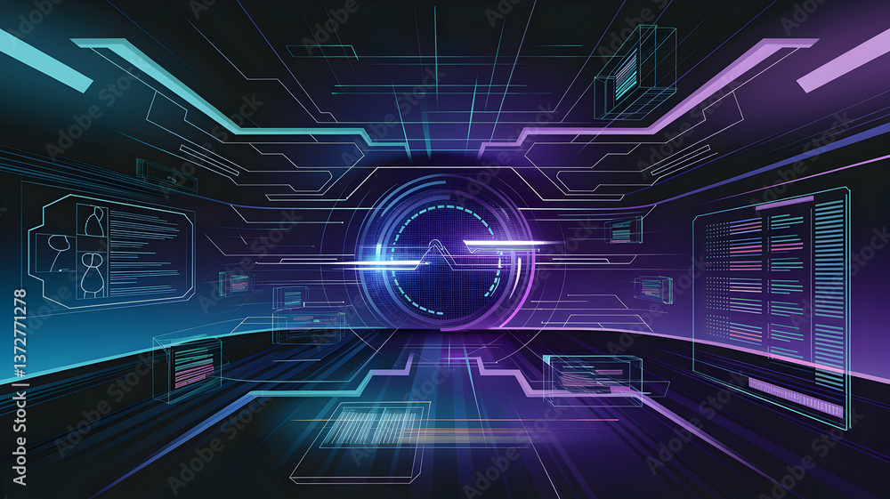 Entering a digital nebula, a vibrant journey through glowing circuits and data streams, with a central pulsing core. Entering a digital nebula, a vibrant journey through glowing circuits and data streams, with a central pulsing core.
