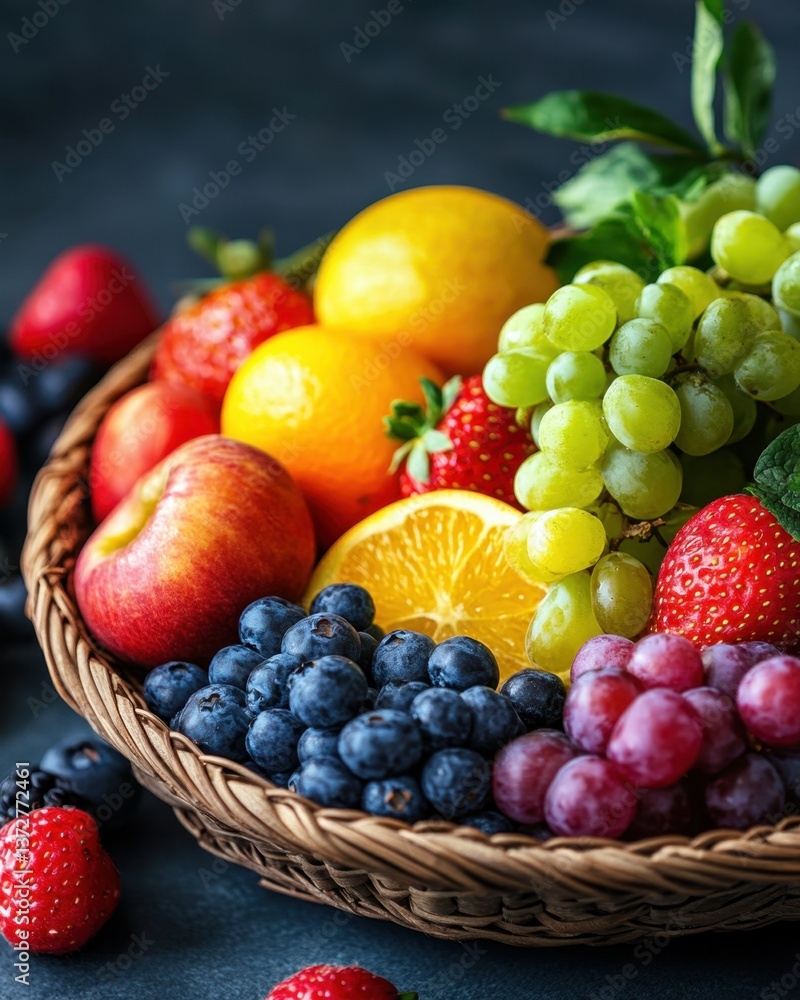 Abundant harvest of fresh fruits in a rustic basket on a dark surface creating a vibrant and healthy still life composition with a close up angle Abundant harvest of fresh fruits in a rustic basket on a dark surface creating a vibrant and healthy still life composition with a close up angle