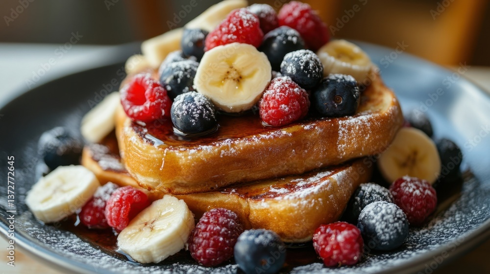 Delicious french toast with fresh raspberries blueberries and banana slices drizzled with maple syrup and dusted with powdered sugar closeup Delicious french toast with fresh raspberries blueberries and banana slices drizzled with maple syrup and dusted with powdered sugar closeup
