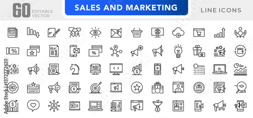 Sales and Marketing line icon set. SEO, promotion, sales dashboard, report, targeting, ad, sales funnel, and Sales strategy outline icon collection. UI thin outline icon pack