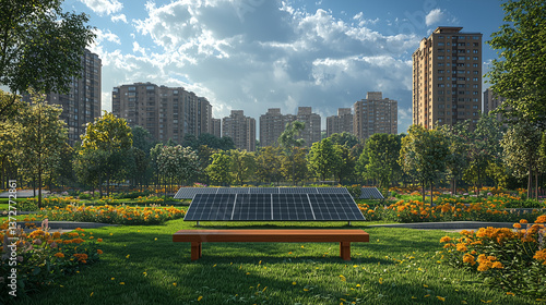 Solar panels generating electricity in city park, modern building background Sustainable development green earth emphasize on environmental conservation, climate change using clean energy Illustration