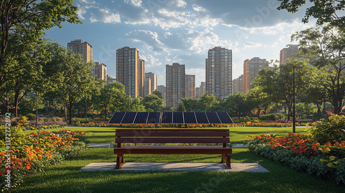 Solar panels generating electricity in city park, modern building background Sustainable development green earth emphasize on environmental conservation, climate change using clean energy Illustration