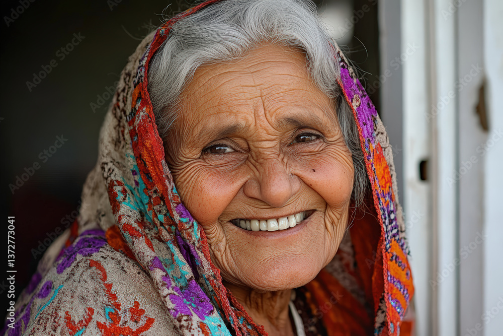 Aged Wisdom: Smiling Elderly Woman in Traditional Scarf Aged Wisdom: Smiling Elderly Woman in Traditional Scarf
