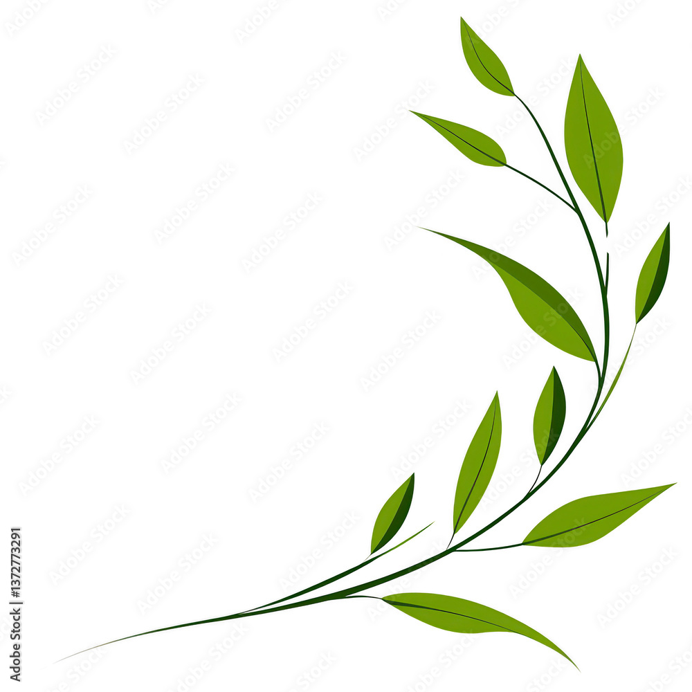 Fototapeta premium A simple illustration of green leafy branch with multiple leaves extending from thin stems, creating natural and elegant design. leaves are varying size and shape, adding dynamic and organic feel to