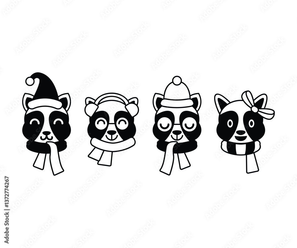 Cute Winter Raccoon Sloth Icon Set Black and White Color Art Vector Design Illustration Cute Winter Raccoon Sloth Icon Set Black and White Color Art Vector Design Illustration