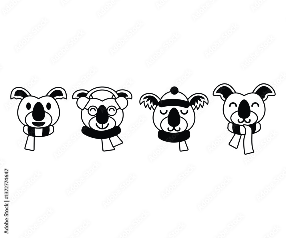 Obraz premium Cute Koala Winter Icons in Black and White Color Art Style Vector Design