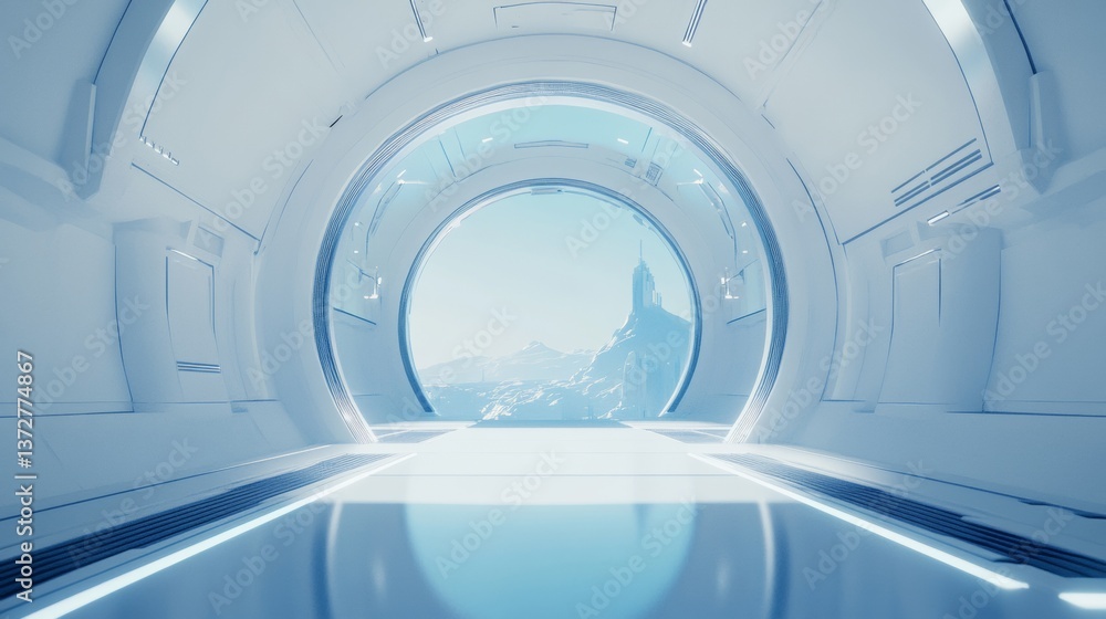 Fototapeta premium Future city in the distance, two thirds of the sky, vista, blue and white tones, futuristic, front view, C4D production, octane rendering,