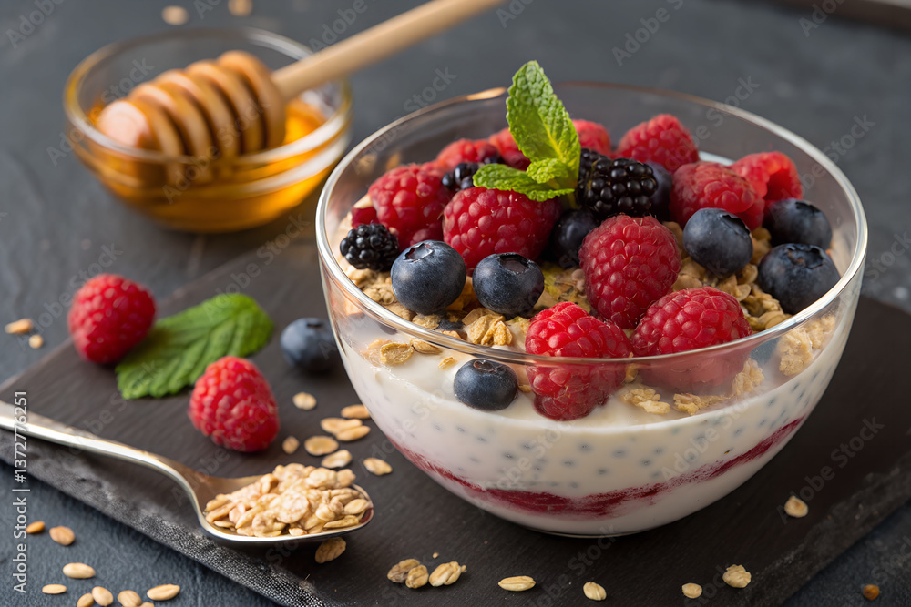 healthy berry oatmeal with honey and granola in a glass bowl healthy berry oatmeal with honey and granola in a glass bowl