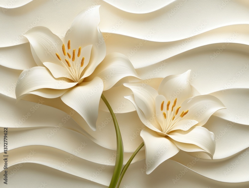 Fototapeta premium Elegant Creamy White Lily Blossoms on Textured Wavy Background Serene Floral Art for Modern Decor and Design Projects