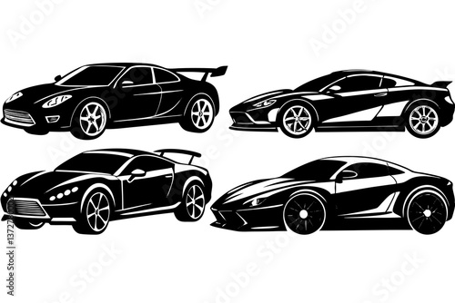 A Quartet of Speed: An artistic illustration features four sleek, stylized sports cars rendered in dynamic black and white, showcasing speed and luxury. 