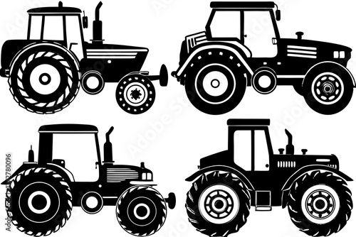 Agricultural Machinery Silhouettes: Four detailed silhouettes of agricultural tractors, offering a visual representation of power, utility, and the tools of modern farming. 