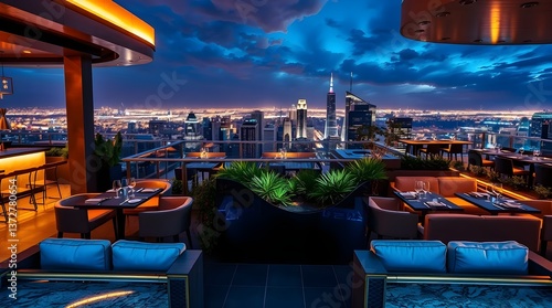 A stylish rooftop bar and restaurant with panoramic city views, serving molecular gastronomy dishes and craft cocktails in an upscale atmosphere