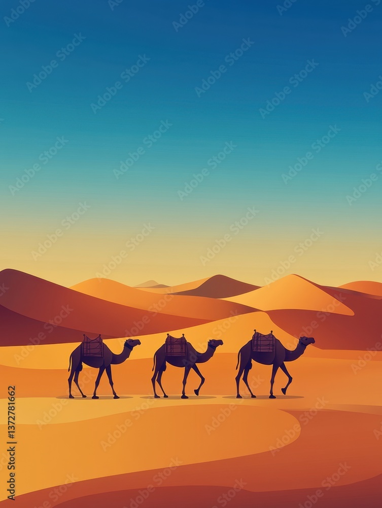 Fototapeta premium Three camels walking through stylized desert illustration 