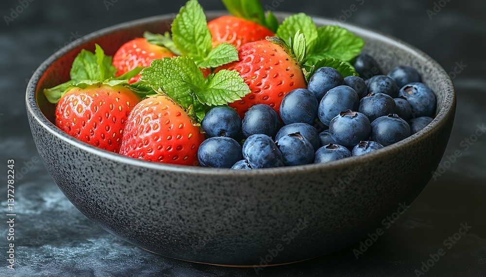 A Ceramic Bowl Filled with Fresh Berries and Mint Leaves A Ceramic Bowl Filled with Fresh Berries and Mint Leaves
