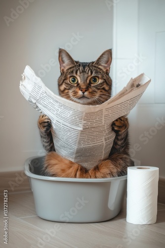 Tabby cat reading newspaper in litter box	