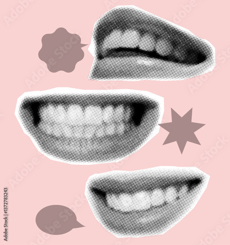 female mouth with teeth in halftone style and speech bubble