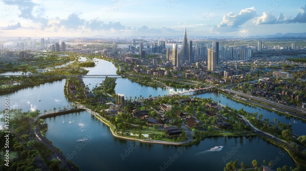 Obraz premium Urban nature integration aerial view of cityscape with rivers modern architecture and green spaces