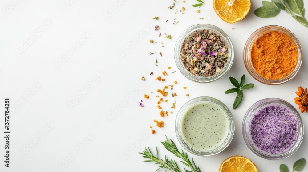 Topdown view of homemade herbal scrubs in glass jars, with dried flowers and citrus zest, DIY skincare concept Topdown view of homemade herbal scrubs in glass jars, with dried flowers and citrus zest, DIY skincare concept