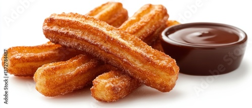 Delicious Churros with Chocolate Dipping Sauce on White Background a Culinary Delight Sweet Temptation