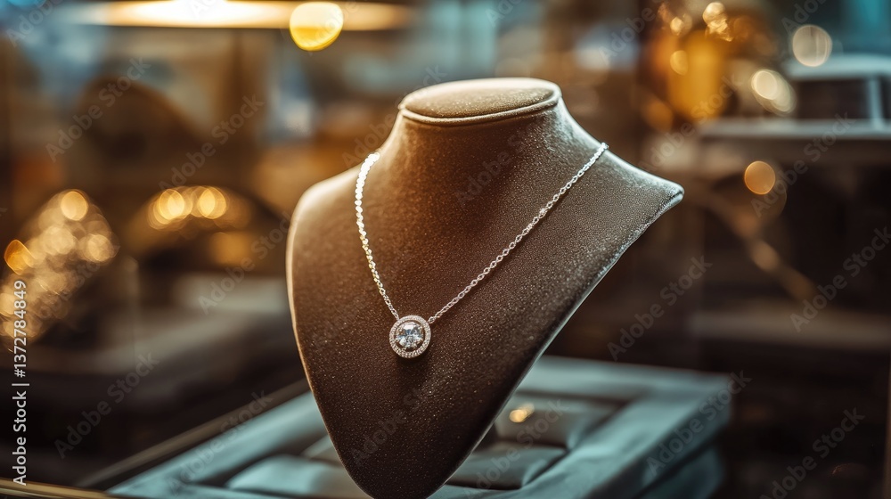 Obraz premium A softly lit jewelry display with a diamond necklace resting on a delicate velvet bust.