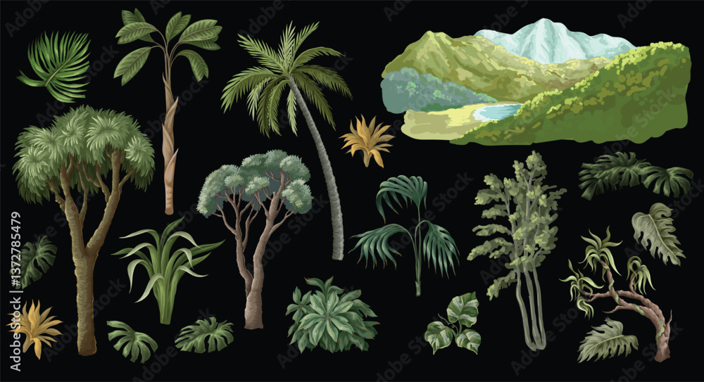 Fototapeta premium Jungle trees and leaves isolated. Vector