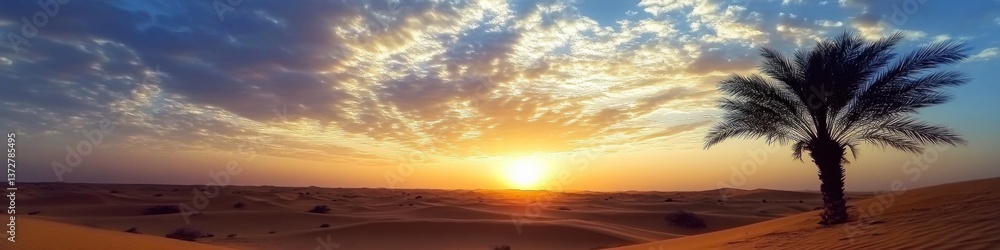 Fototapeta premium Panoramic desert sunrise with palm trees 