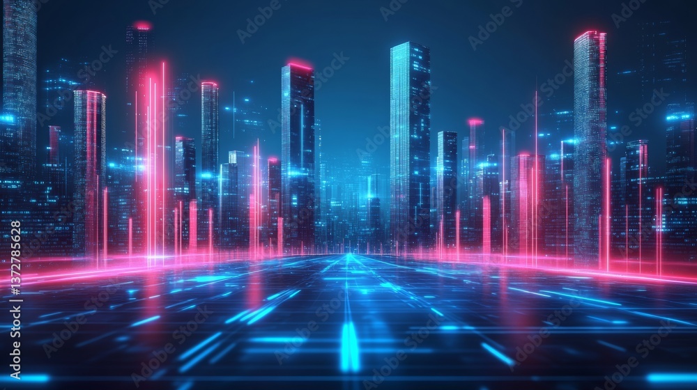 Fototapeta premium create a futuristic city, with neon light, light blue background, red and blue glow of lights sci-fi style, front view