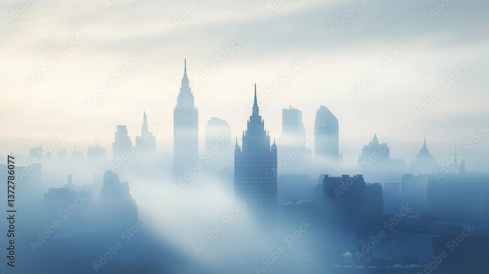 Obraz premium Detailed close-up of skyscrapers in an early morning setting, mist gently rising around each structure, pale blue and white light permeating the scene, a dense fog blurring the horizon, seen from a di